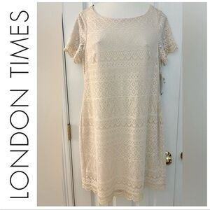 London Times sz 14 Dress, cream, boat neck, lace, scalloped crochet trim, lined